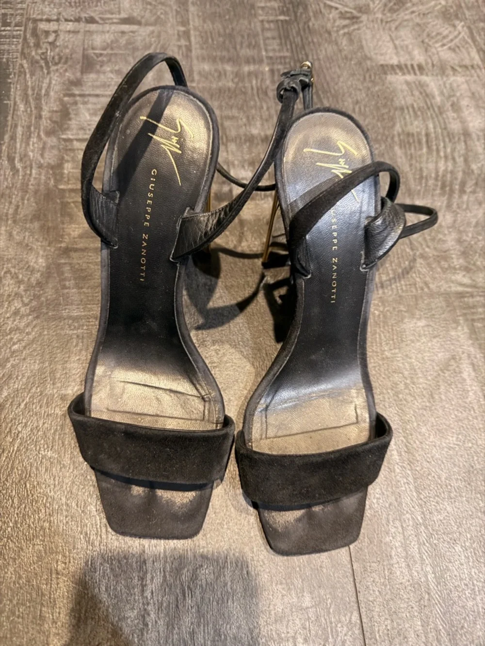 Giuseppe Zanotti Black Suede Strappy Square-Toe Heels with Gold Logo - Picture 1 of 3